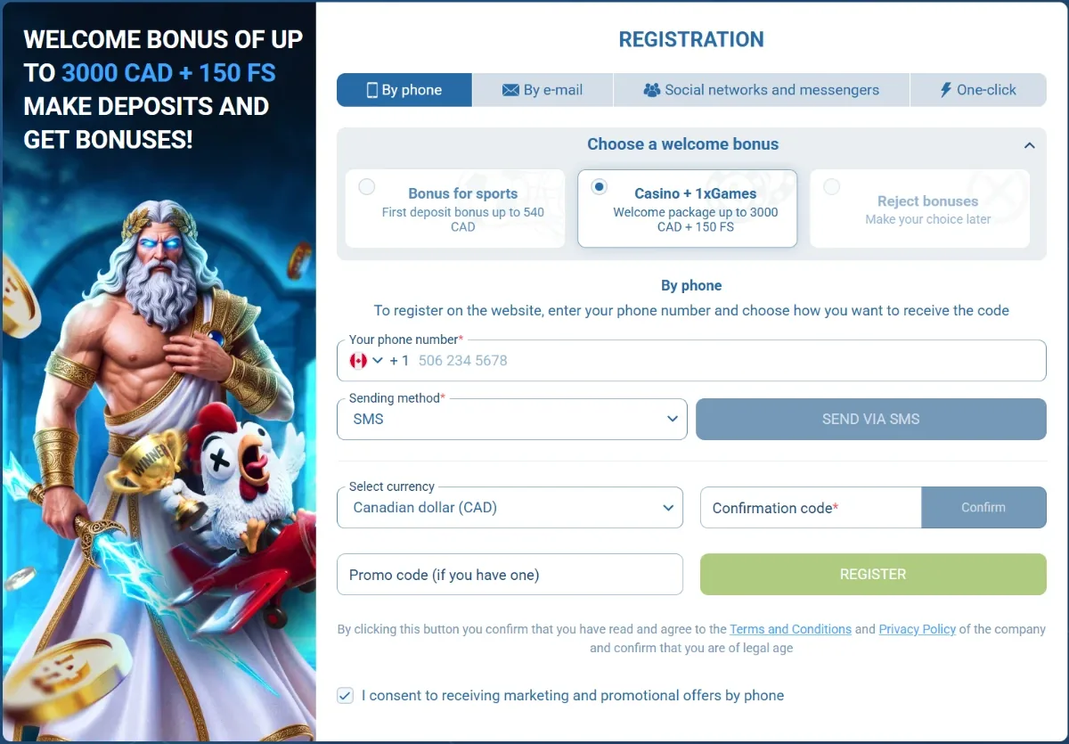 1xBet Canada registration form: by phone, by e-mail, social networks and one-click, with the Casino + 1xGames welcome package selected and currency CAD