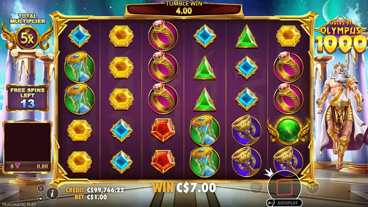 Gates of Olympus 1000 free spins with an x5 multiplier orb applied to a tumble win