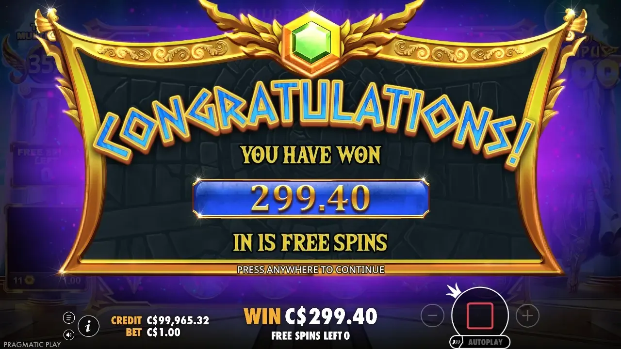 A bought round closing at C$299.40 on a C$1 bet — the total multiplier reached x35 on the way Gates of Olympus 1000 free spins end screen: You have won 299.40 in 15 free spins at a C$1 bet