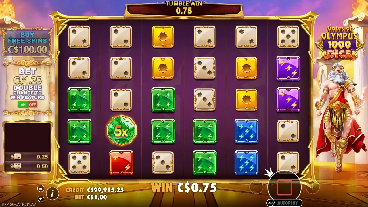 Gates of Olympus 1000 Dice base game: an x5 orb multiplies a tumble win