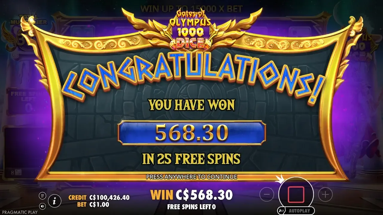 The end screen: C$568.30 from a C$100 buy at C$1 — the best round we filmed in any edition Gates of Olympus 1000 Dice end screen: You have won 568.30 in 25 free spins