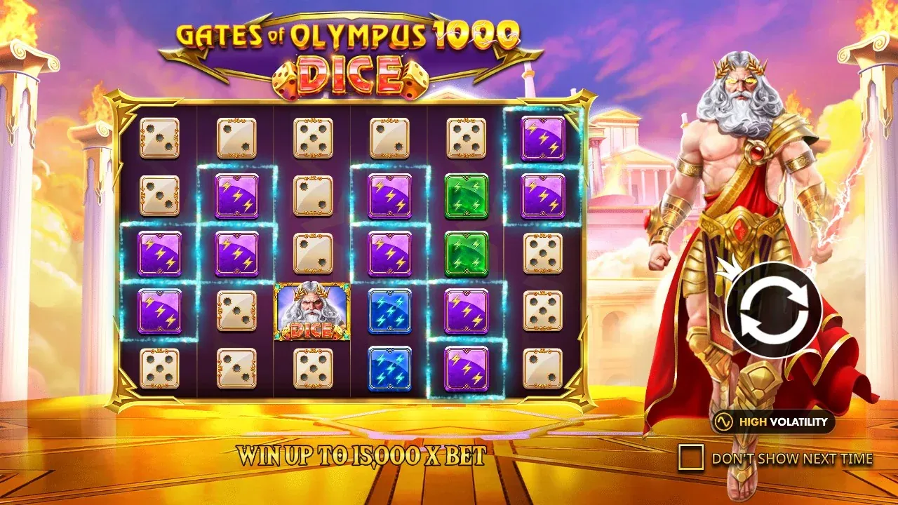 The Dice edition's intro screen — the same 15,000x, rolled on dice Gates of Olympus 1000 Dice intro screen