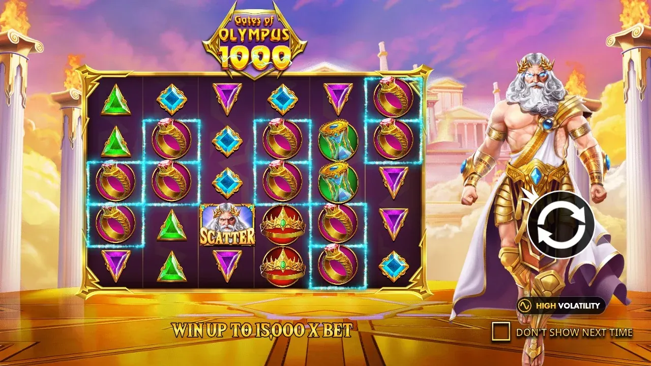 Gates of Olympus 1000 intro screen: win up to 15000x bet and multipliers up to 1000x