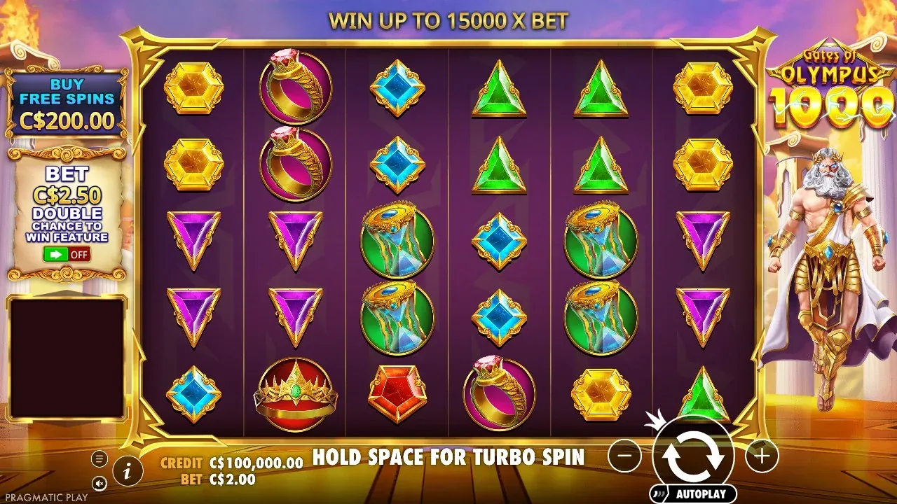 The main screen in CAD: buy button top left, ante switch below it, spin button and bet controls bottom right Gates of Olympus 1000 main screen in the demo with C$100,000 credit and a C$2.00 bet
