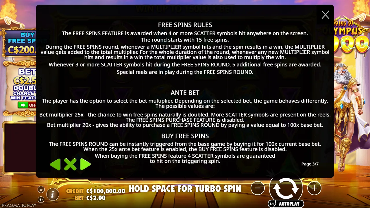 Rules page 3: 15 free spins, the running total multiplier, +5 spins on 3 scatters, the ante bet and the 100x buy Gates of Olympus 1000 rules page 3: free spins rules, ante bet and buy free spins