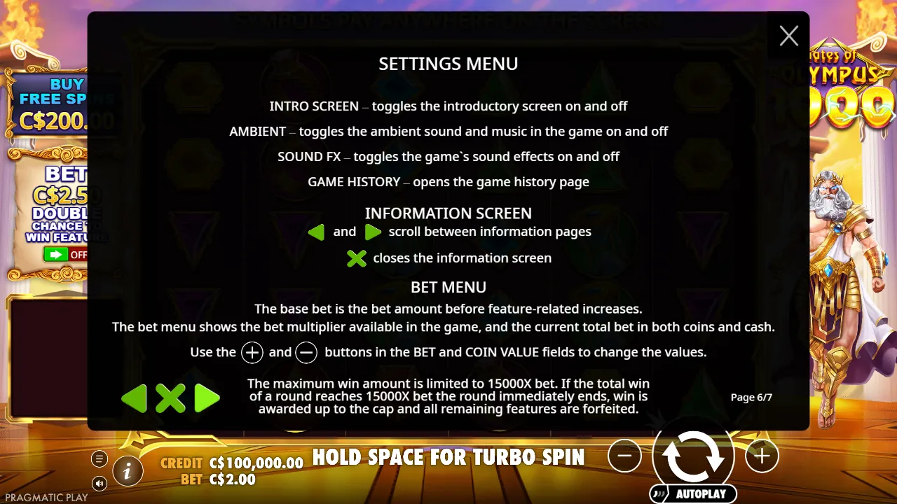 Rules page 6: settings, bet menu and the 15,000x cap that ends a round on the spot Gates of Olympus 1000 rules page 6: settings menu, bet menu and the 15,000x maximum win rule