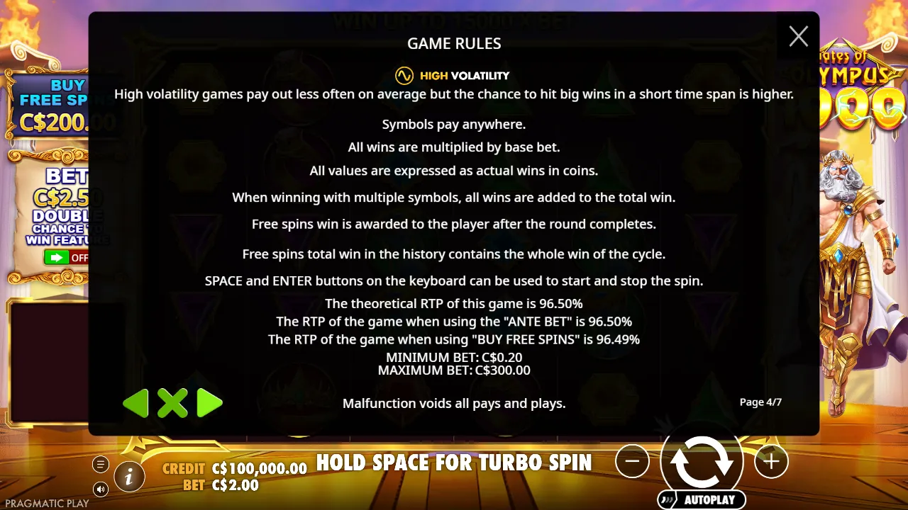 Gates of Olympus 1000 rules page 4: theoretical RTP 96.50%, ante bet 96.50%, buy free spins 96.49%, bets C$0.20 to C$300