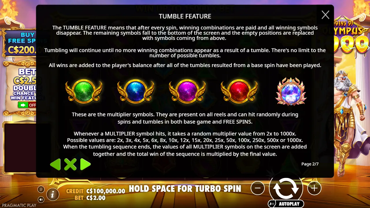 Gates of Olympus 1000 rules page 2: tumble feature and multiplier orbs from 2x to 1000x