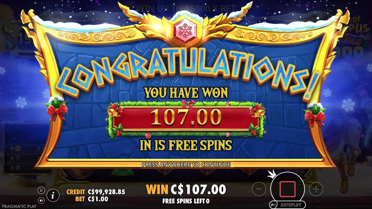 Gates of Olympus Xmas 1000 end screen after a bought free spins round paying 107.00