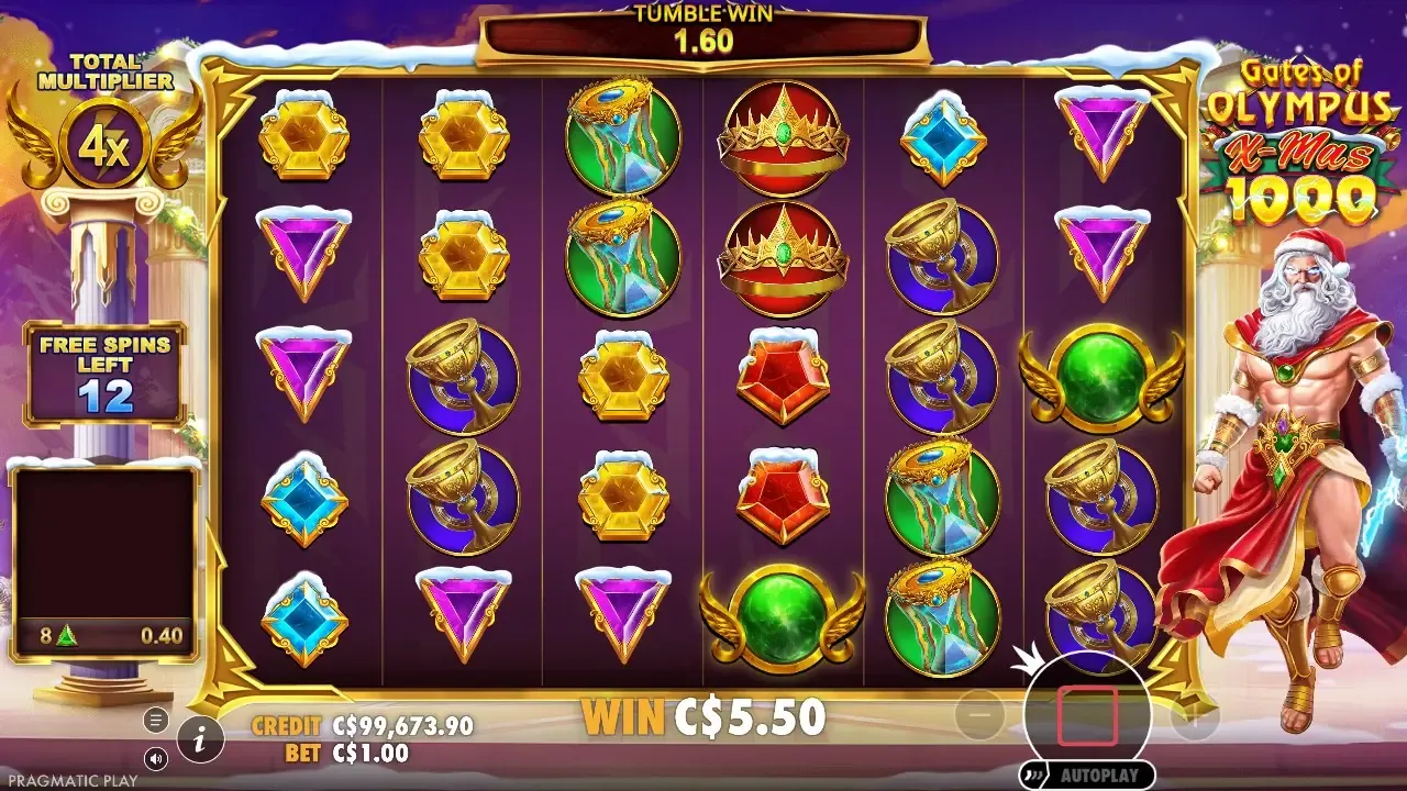 An x4 orb early in a bought round of the Xmas edition that closed at 67.75x Gates of Olympus Xmas 1000 free spins: an x4 orb multiplies a tumble win