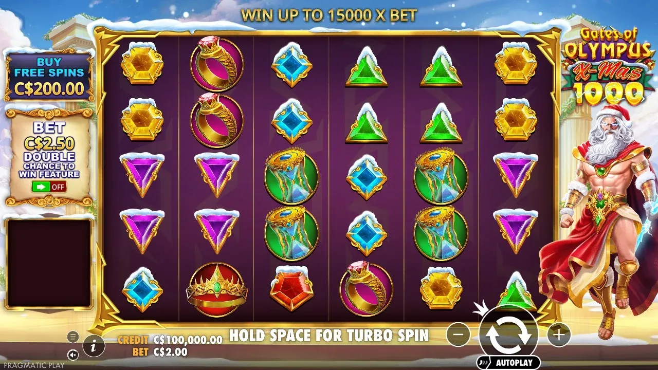 The main screen of the Xmas edition in CAD: buy C$200, ante C$2.50, credit C$100,000 Gates of Olympus Xmas 1000 main screen in the demo: snow-capped gems and Zeus in a Santa hat, C$2.00 bet